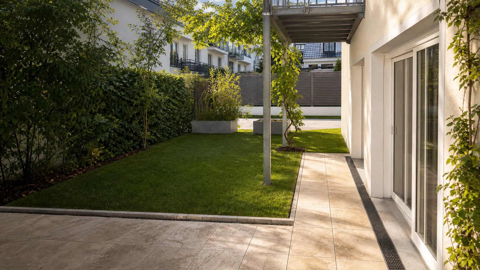 Gartenpflege in München an Terrasse und Rasenfläche