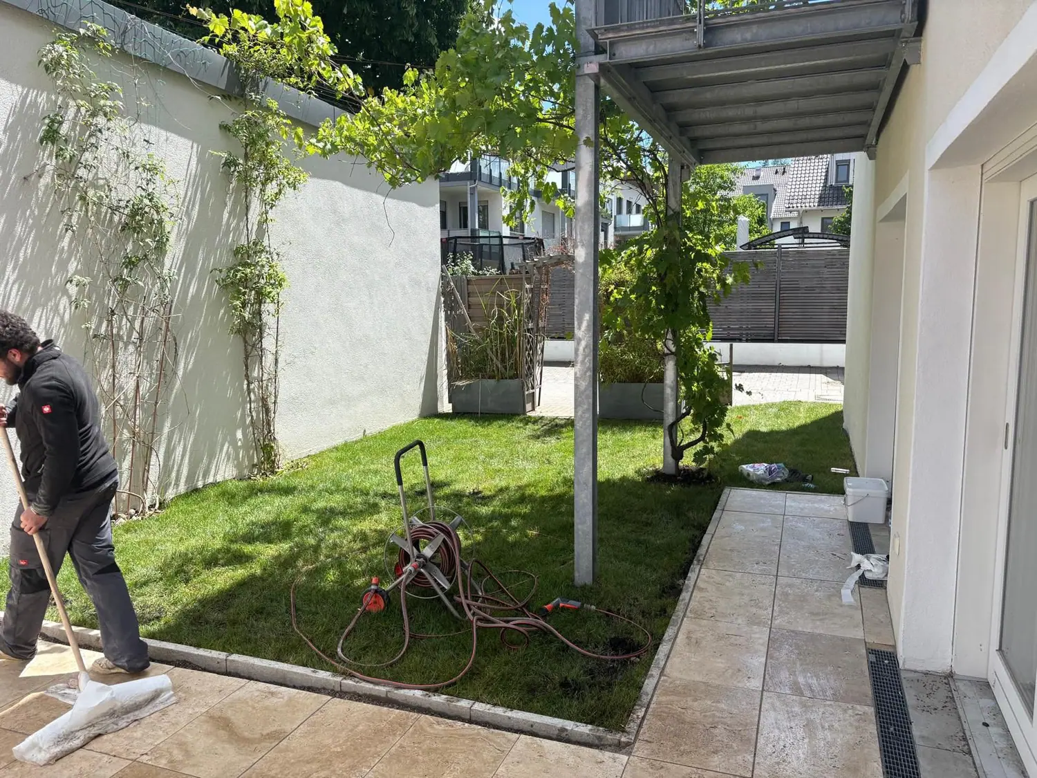 Gartenpflege Terrasse München mit Rasen und Weinrebe